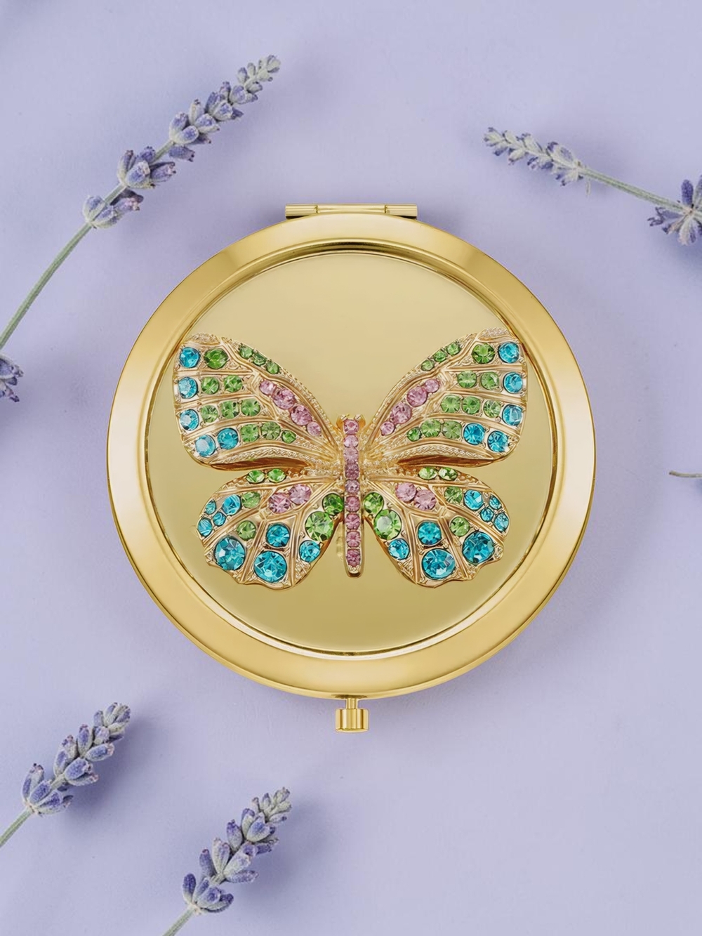NEW Monet Jewelry Gold Tone Butterfly Snap Compact Mirror with Box 2.75" NWT